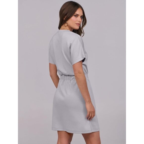 Anrabess Women Light Grey Crew Neck Elastic Waist Mini T Shirt Dress With Pocket - Picture 5 of 6
